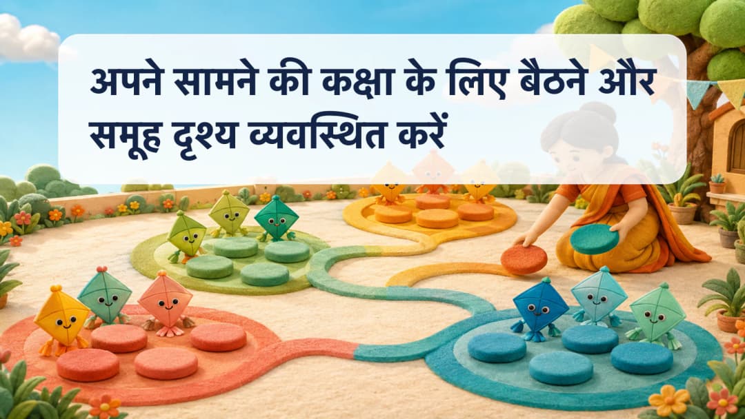 रंग-कोडित छात्र-कार्ड टीमों को एक स्पष्ट सर्पिन कक्षा बैठने के पथ के साथ व्यवस्थित किया गया