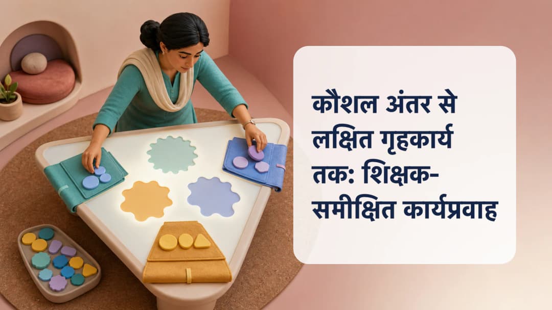लक्षित गृहकार्य के मसौदे और चुनी हुई विद्यार्थी सूची की समीक्षा करता शिक्षक