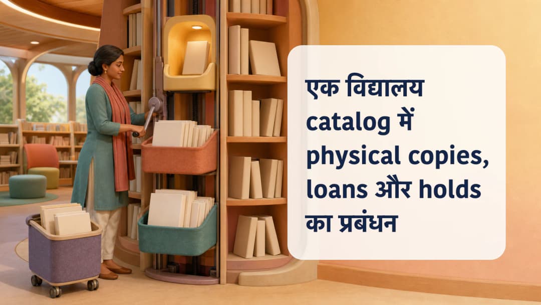 एक title की कई barcoded copies, active loans और holds देखता विद्यालय librarian
