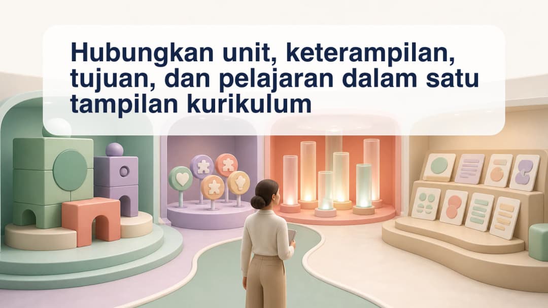 Guru melihat unit kurikulum, keterampilan, tujuan, dan kartu pelajaran yang saling terhubung