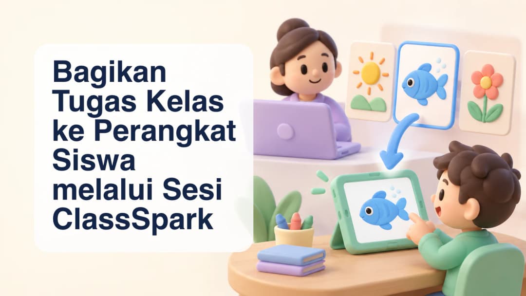Ilustrasi pastel pemilihan lembar bergambar ikan untuk dikirim ke tablet siswa.