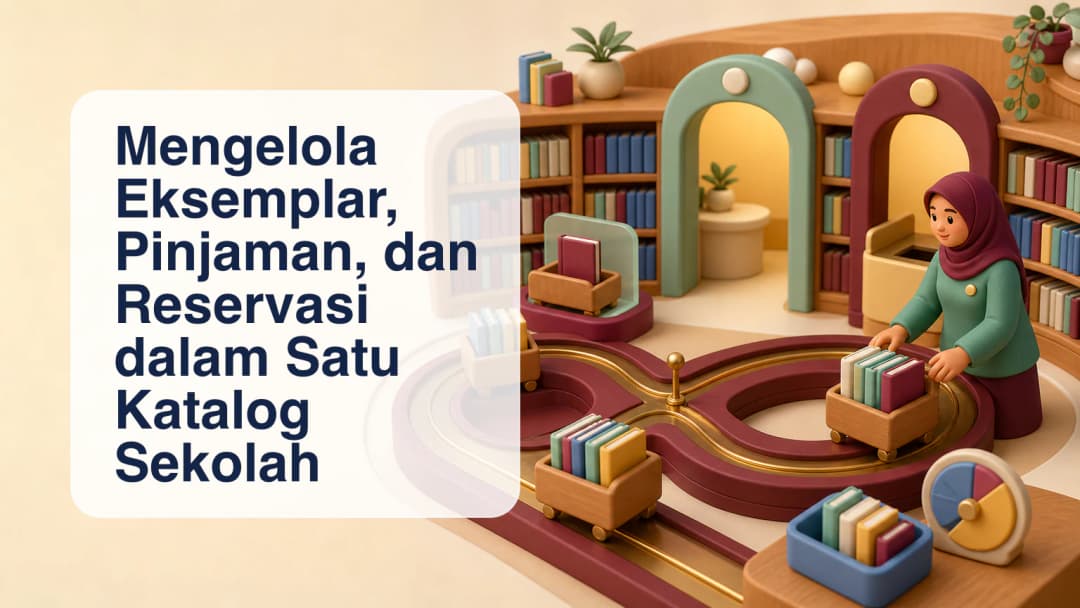 Pustakawan sekolah meninjau satu judul dengan beberapa eksemplar fisik, pinjaman aktif, dan reservasi