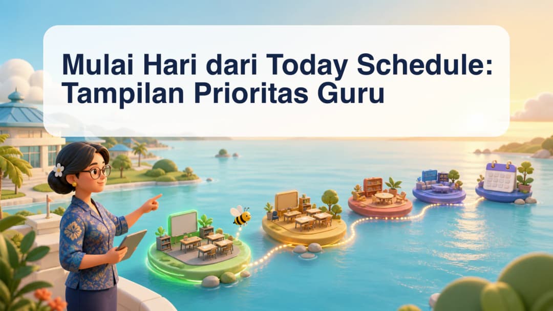 Guru membaca Today Schedule dengan pelajaran saat ini, pelajaran berikutnya, status kehadiran, dan acara kalender
