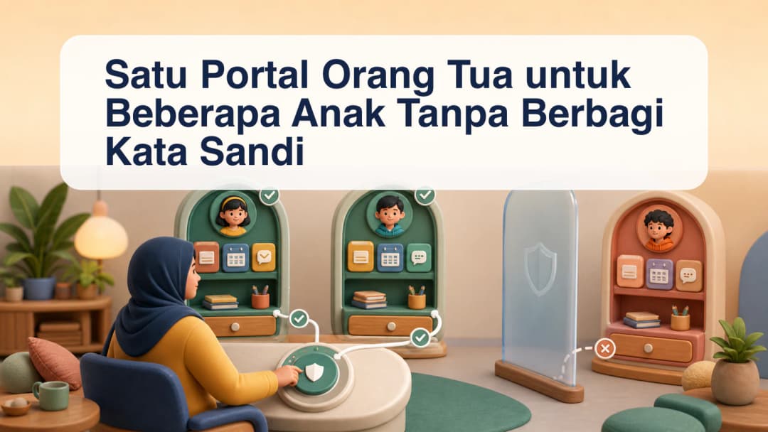 Portal orang tua dengan pemilih anak terhubung serta panel tugas, kurikulum, dan jadwal hari ini