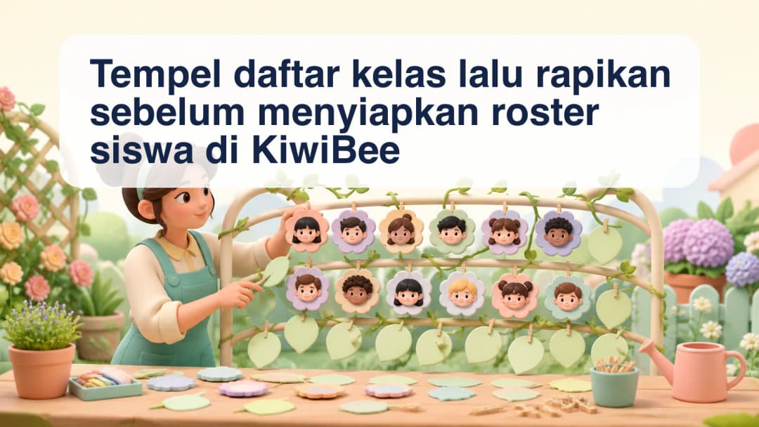 Guru menata daftar kelas yang ditempel menjadi baris siswa yang bersih