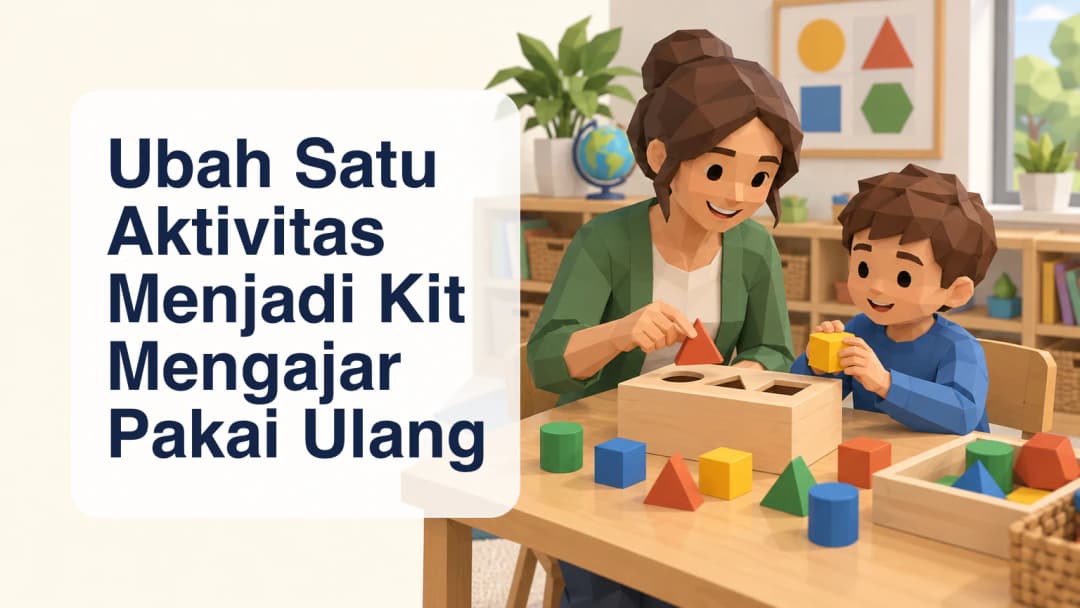 Ilustrasi tiga dimensi low-poly guru dan murid meninjau bahan kegiatan bentuk geometri.