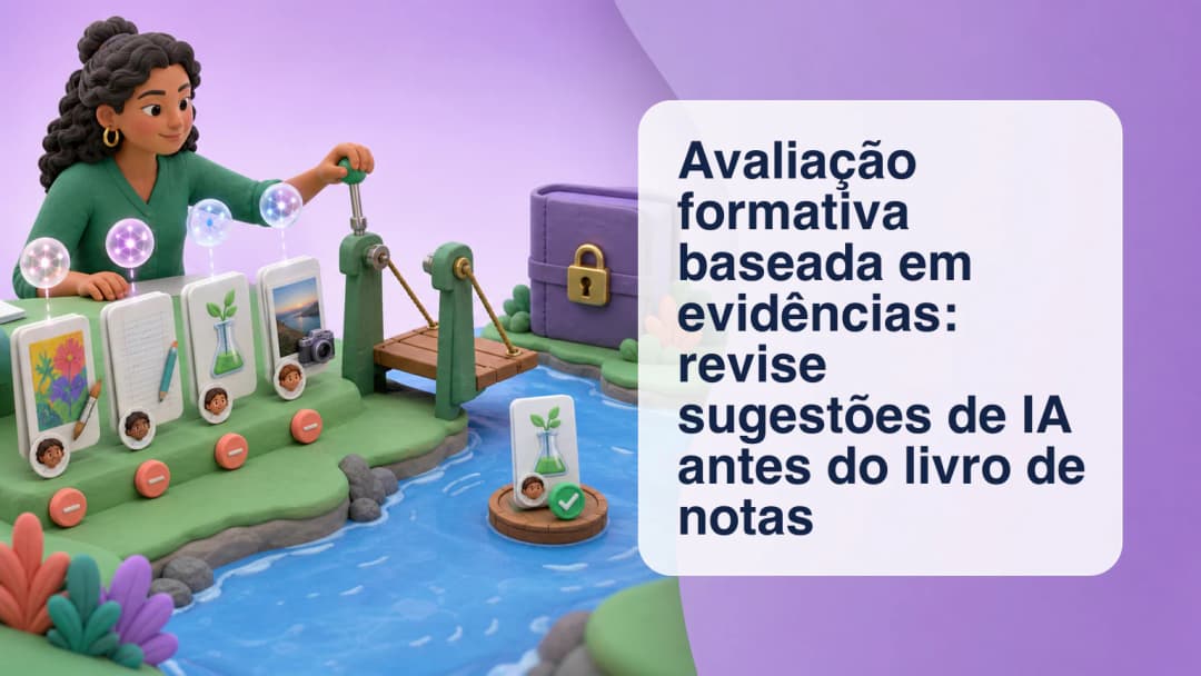 Professor comparando trabalho de estudante e observações sugeridas por IA antes de confirmar uma pontuação formativa