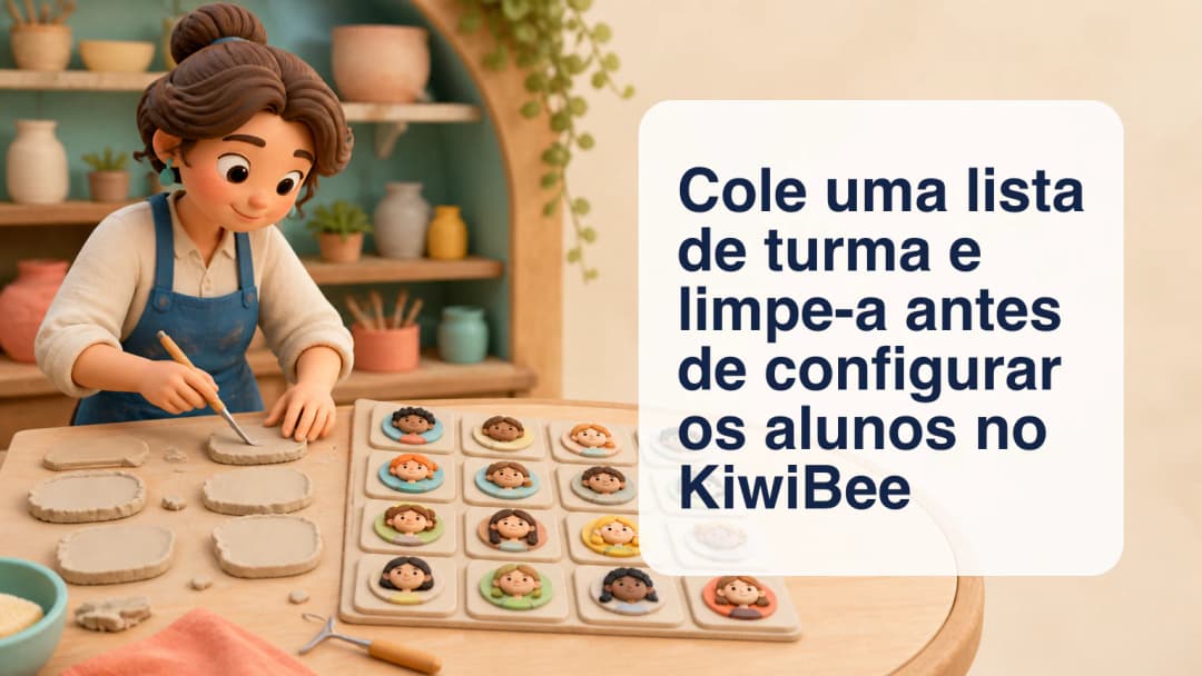 Professora organizando uma lista de turma colada em linhas limpas de alunos