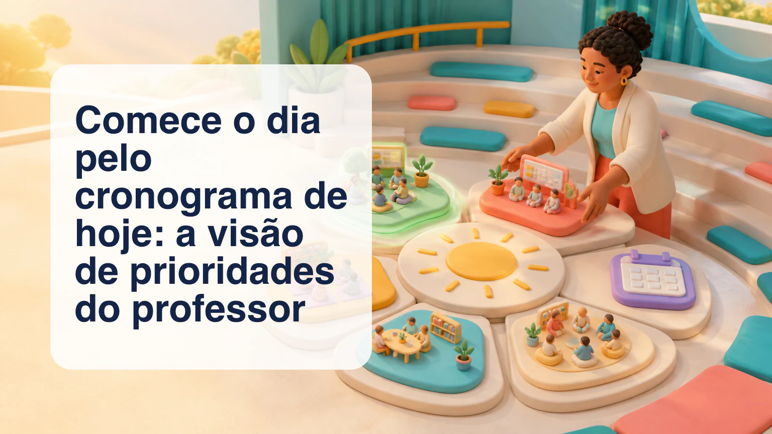Professor consultando uma agenda cronológica com aula atual, próxima aula, status de presença e eventos do calendário