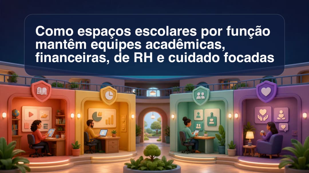 Cartões de funções escolares levando a espaços separados para áreas acadêmica, administrativa, financeira, de RH e cuidado