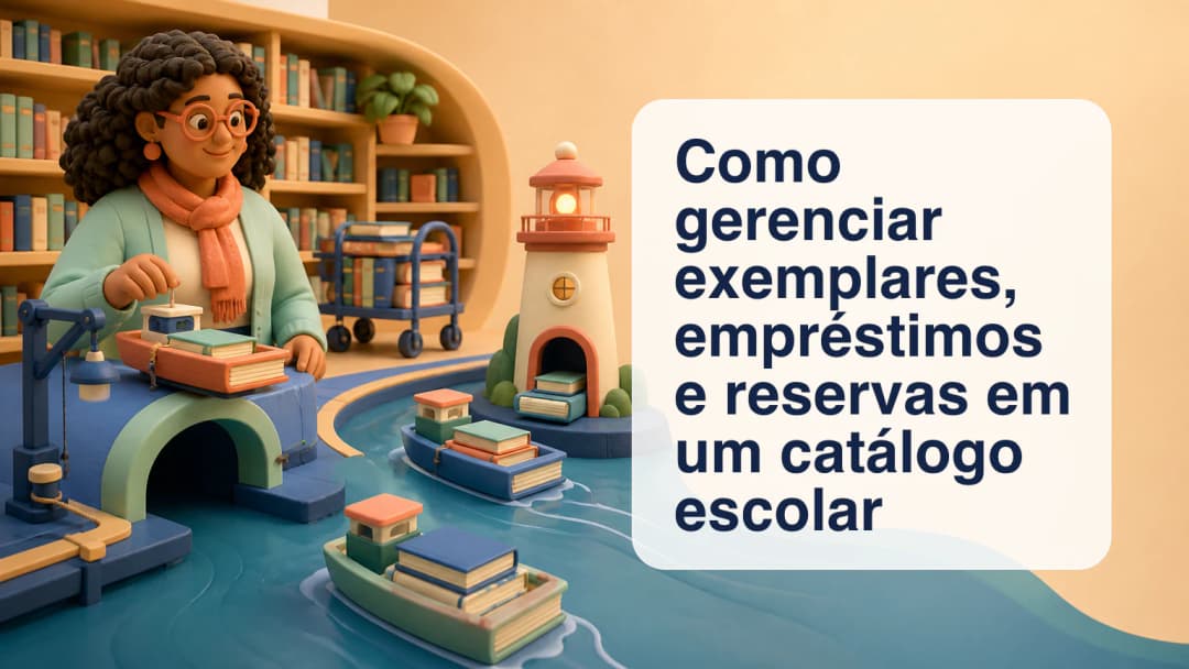 Bibliotecário escolar vendo um título com vários exemplares identificados, empréstimos ativos e reservas