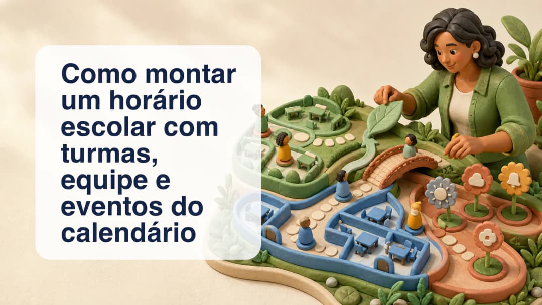Responsável escolar organizando turmas, professores, assistentes, salas e eventos do calendário em uma grade de horários