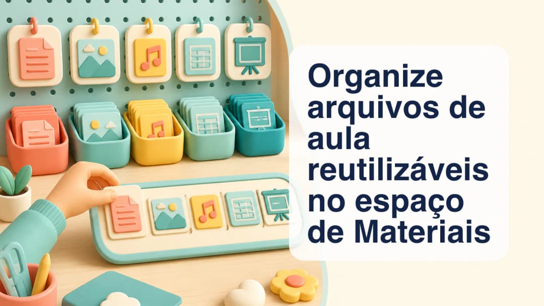 Professora organizando arquivos de aula reutilizáveis em um espaço privado