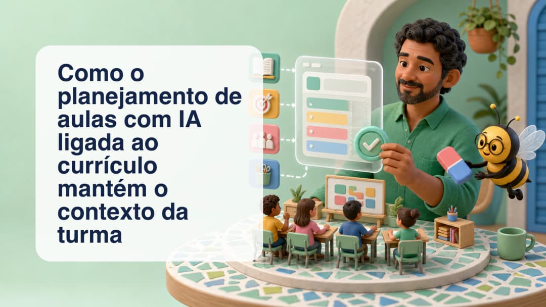 Professor revisando um plano de aula assistido por IA ao lado dos cartões de contexto da turma e do currículo selecionados