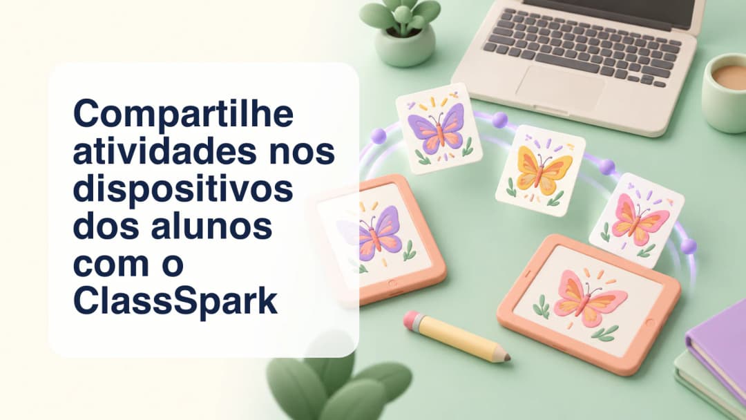 Notebook e tablets em tons pastel compartilhando fichas de borboletas.