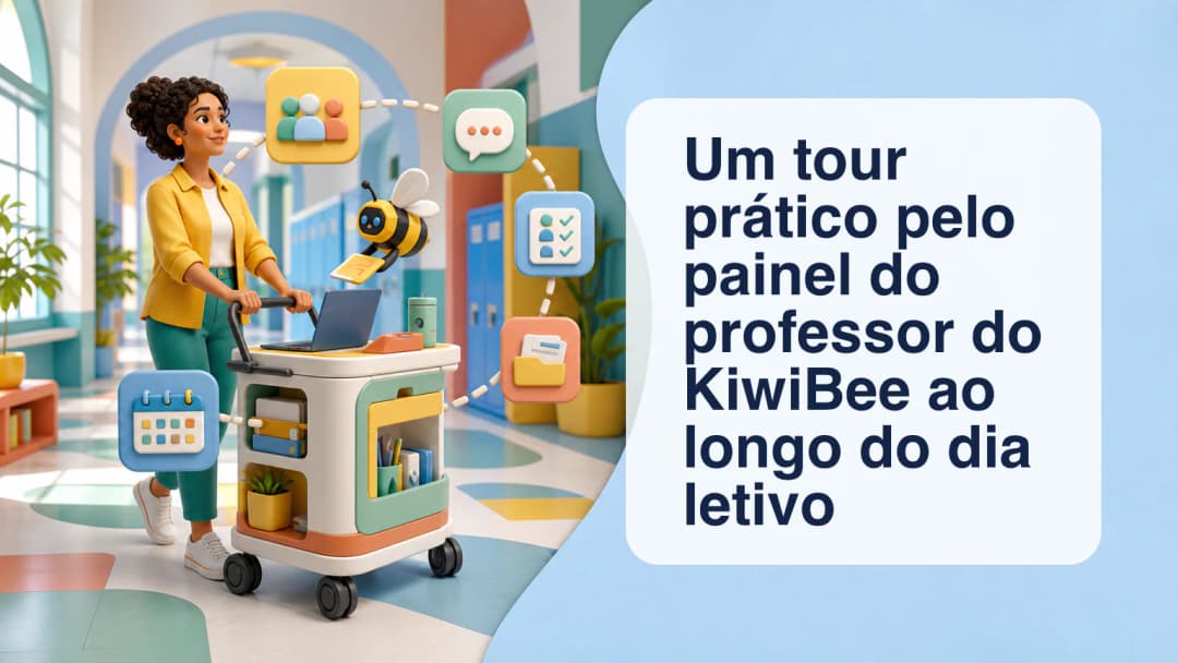 Espaço docente ilustrado com agenda diária, cartões de turmas, recursos curriculares e painéis de relatórios