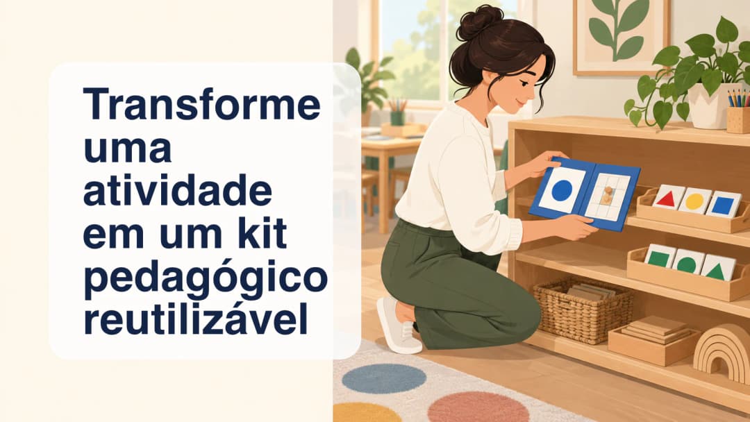 Ilustração editorial plana de uma professora organizando pastas e bandejas com cartões de formas.