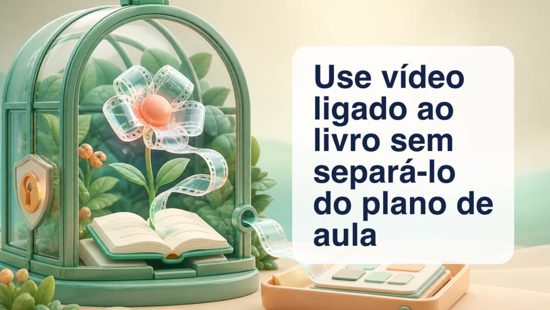 Livro curricular aberto ligado a um vídeo privado de sala