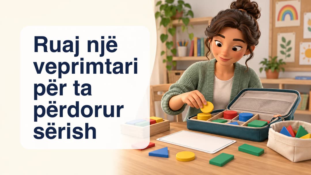 Ilustrim i stilizuar 3D i një mësueseje që përgatit një kuti me materiale gjeometrike.