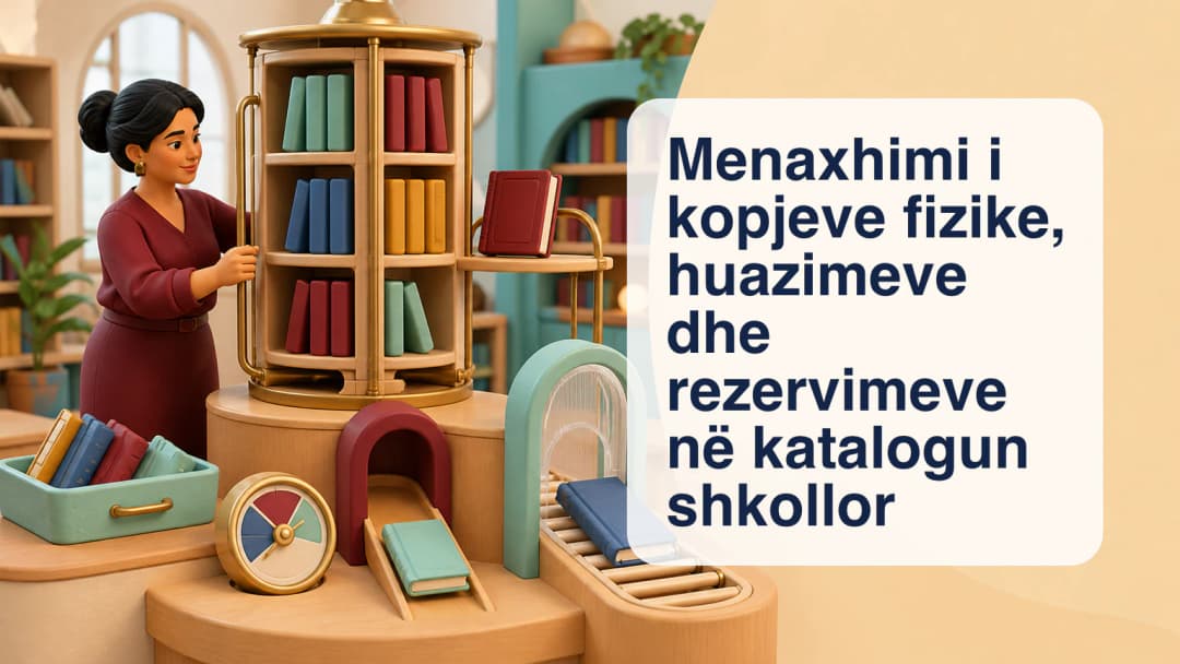 Bibliotekar shkolle që sheh një titull katalogu me disa kopje me barkod, huazime aktive dhe rezervime
