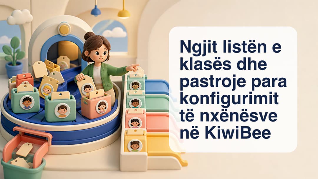 Mësuese që organizon listën e ngjitur të klasës në rreshta të pastër nxënësish