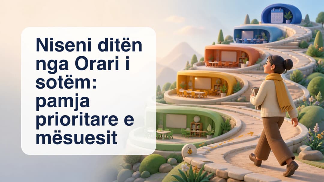 Mësuesi lexon Orarin e sotëm me mësimin aktual, klasën pasuese, statusin e prezencës dhe ngjarjet e autorizuara