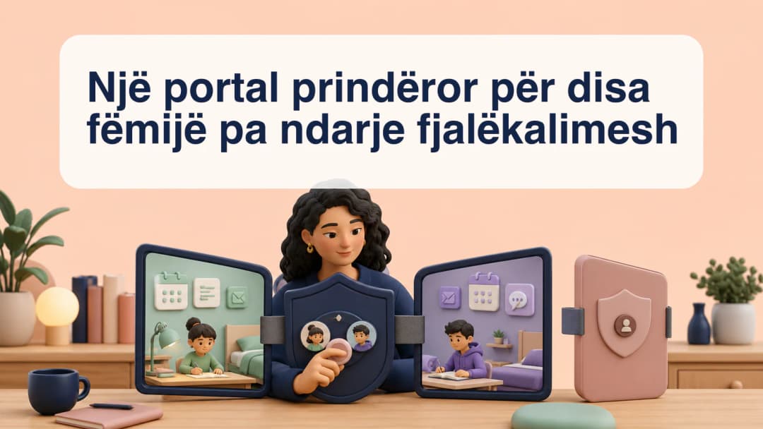 Portal prindëror me përzgjedhës fëmijësh të lidhur dhe panele për detyrat, kurrikulën dhe orarin