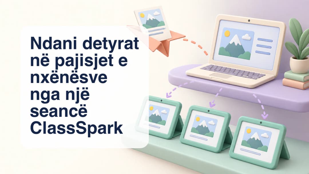 Kompjuter dhe tre tableta pastel me fletë pune dhe një aeroplan letre.