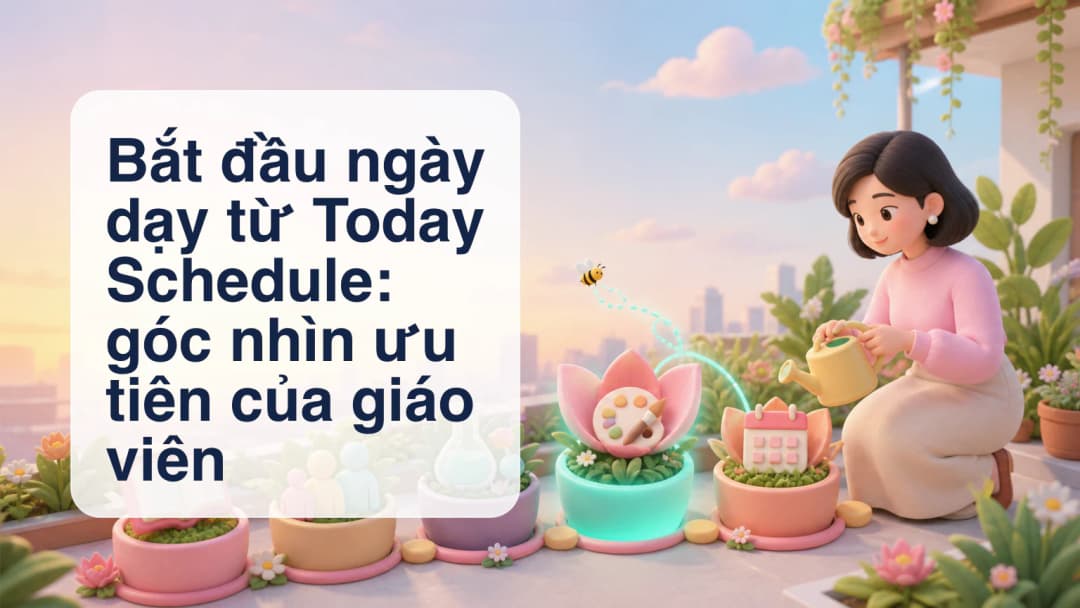 Giáo viên xem Today Schedule với tiết hiện tại, lớp tiếp theo, trạng thái điểm danh và sự kiện lịch được phép