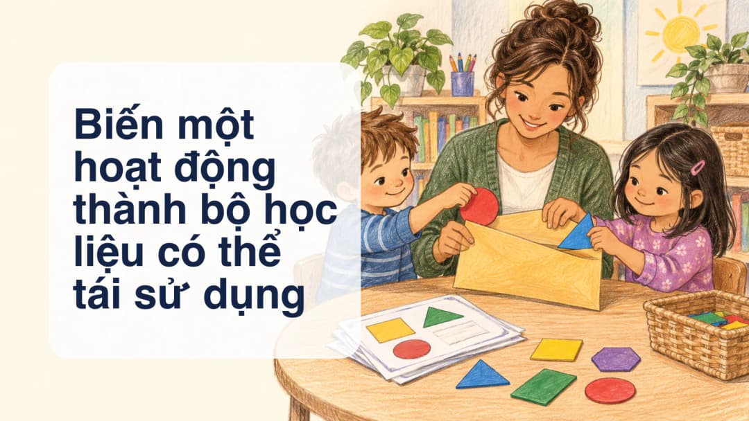 Tranh hoạt hình vẽ tay mô tả cô giáo và học sinh cất thẻ hình vào phong bì.