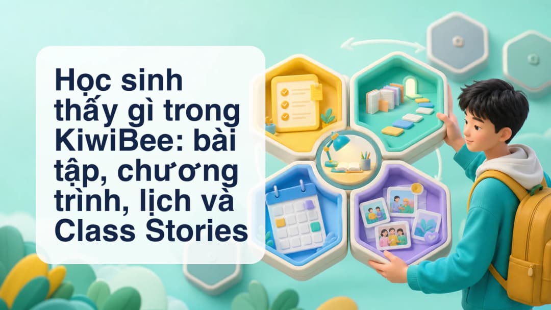 Học sinh xem bài tập sắp tới, chương trình đang học, lịch hôm nay và Class Stories trong KiwiBee