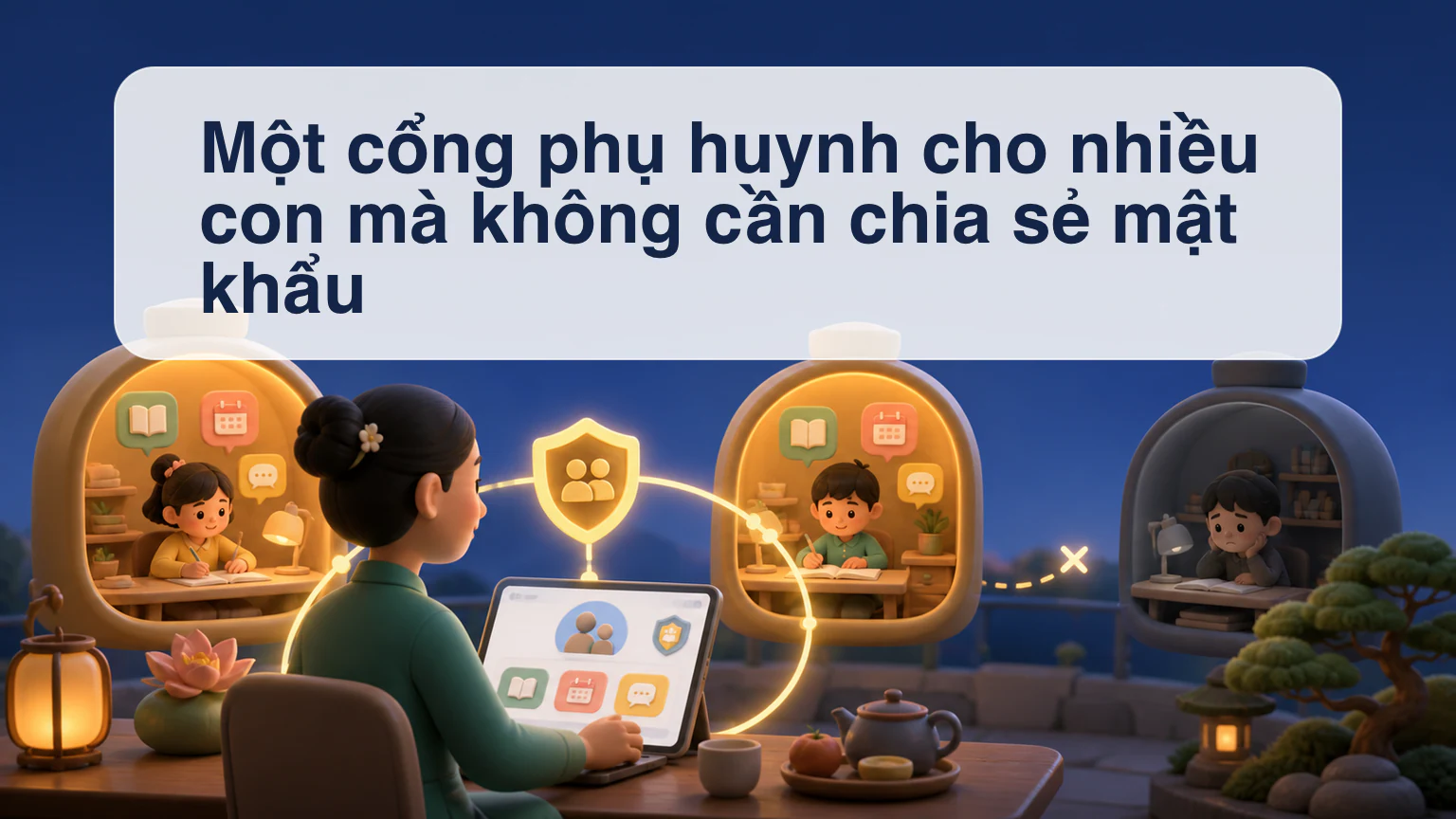 Cổng phụ huynh với bộ chọn con đã liên kết và các bảng bài tập, chương trình cùng lịch hôm nay