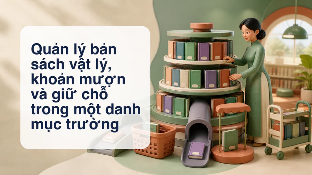 Thủ thư quản lý hồ sơ đầu sách, bản vật lý, khoản mượn, trả và giữ chỗ trong danh mục trường