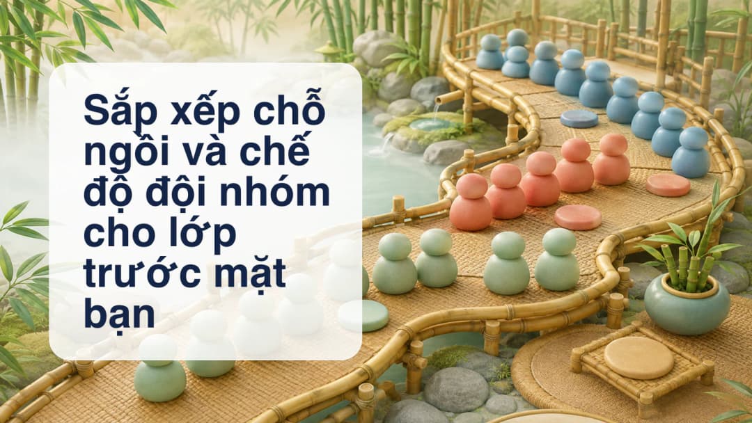Các nhóm thẻ học sinh có mã màu được sắp xếp dọc theo lối đi ngoằn ngoèo trong lớp học
