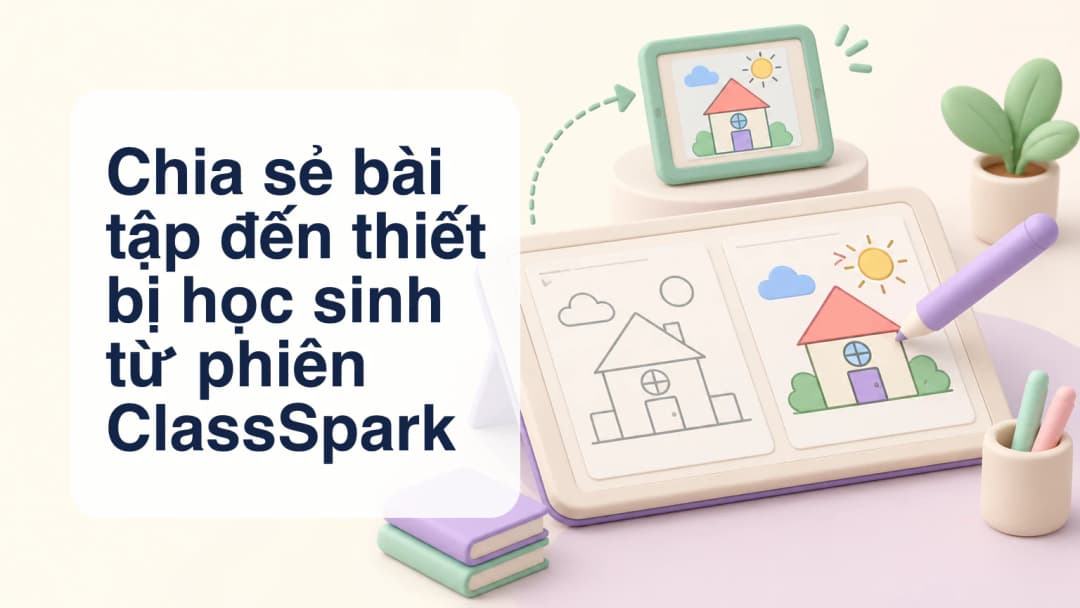 Máy tính bảng màu pastel hiển thị bài tập ngôi nhà trước và sau khi chú thích.