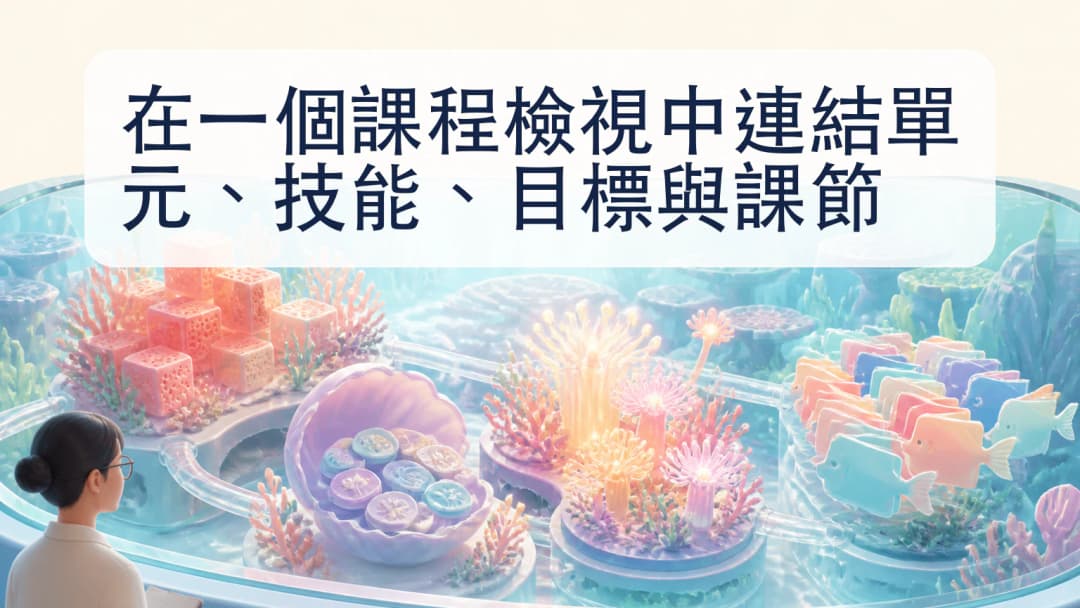 教師查看互相連結的課程單元、技能標記、目標及課節卡片