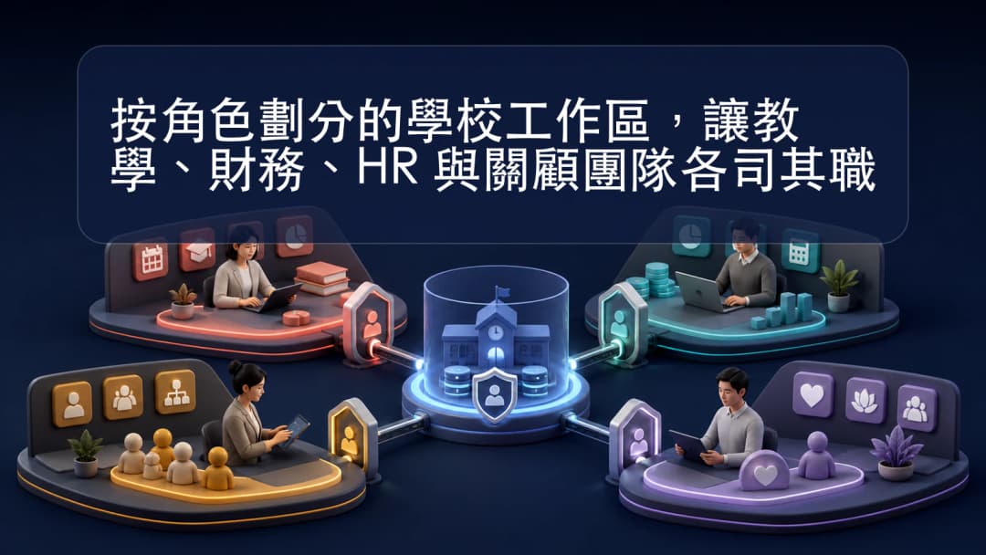 學校員工角色卡分別通往教學、行政、財務、HR 和關顧工作區