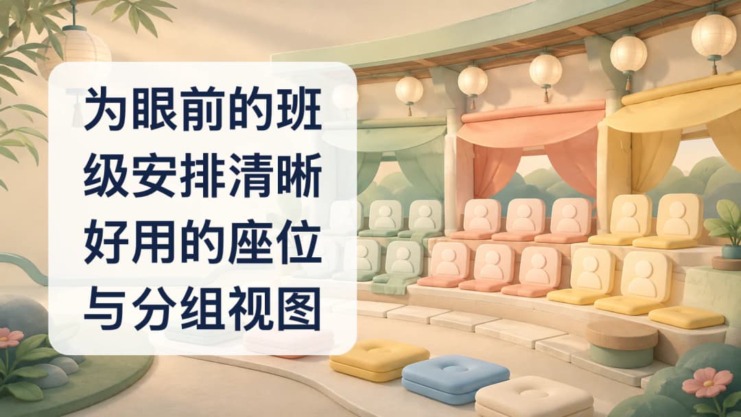 颜色编码的学生卡团队沿着清晰的蛇形教室座位路径排列