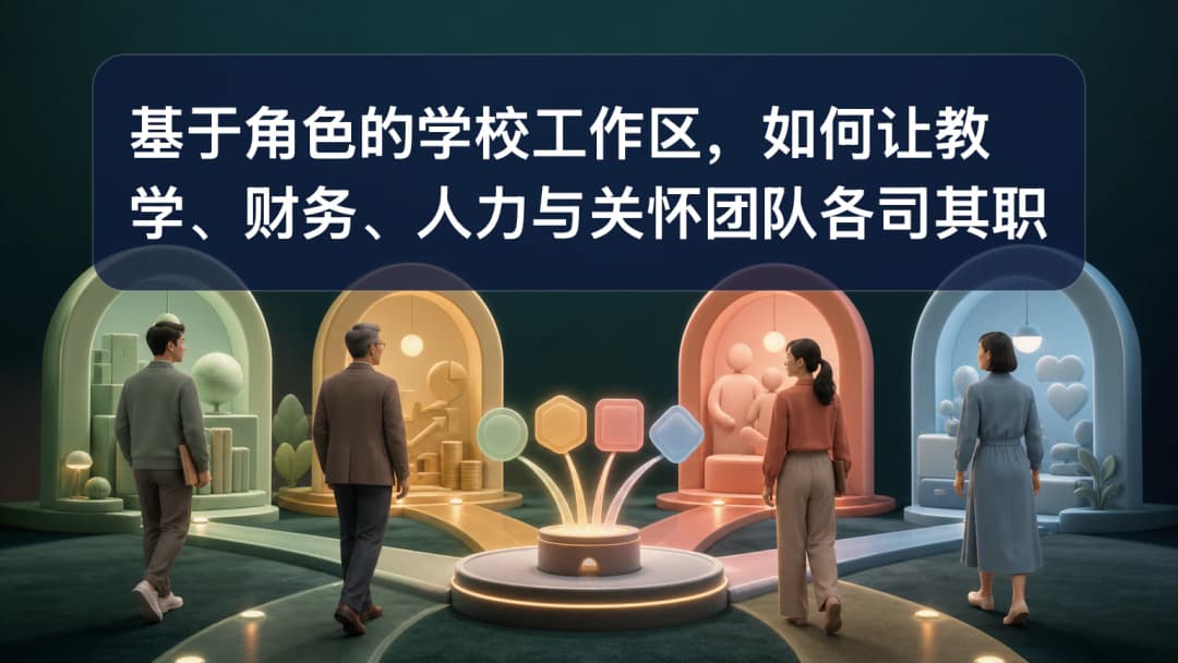 学校员工角色卡分别通向教学、行政、财务、人力资源与关怀工作区