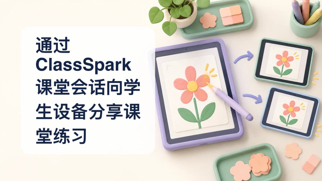 淡紫色平板上的花朵练习通过箭头分享给两台学生设备。