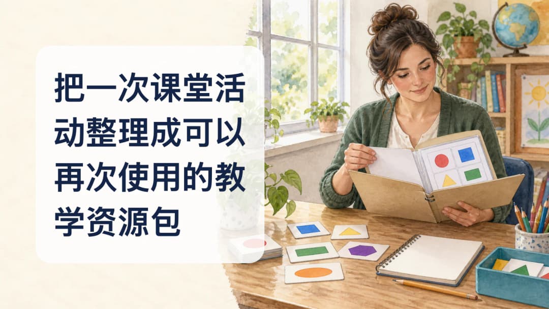 水彩插画中的教师在窗边整理图形卡片和活动文件夹。