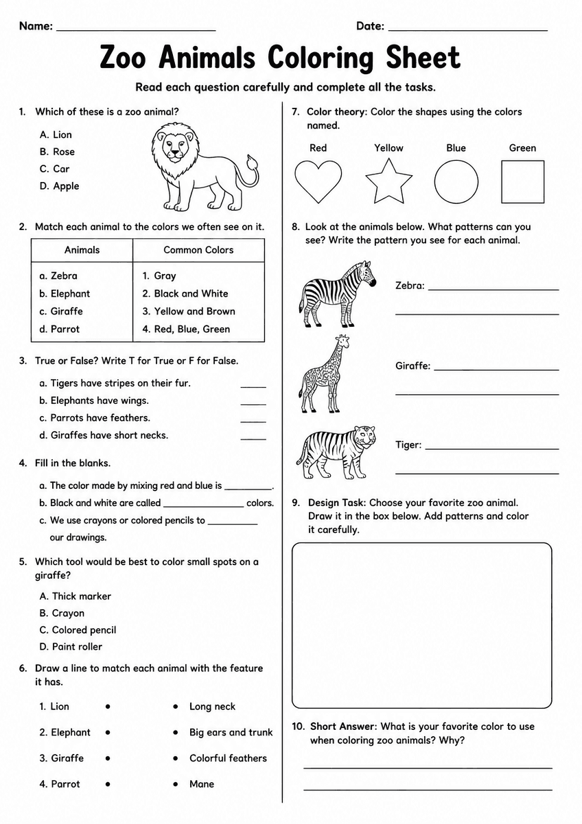 Grade 2 art worksheet preview featuring zoo animals coloring sheet designs