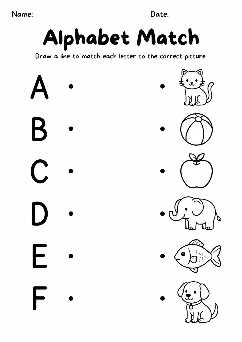 Preschool ELA alphabet matching pictures worksheet with letters and beginning sound images