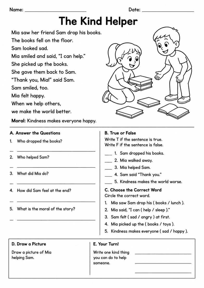 Grade 2 ELA worksheet with moral short stories and comprehension questions