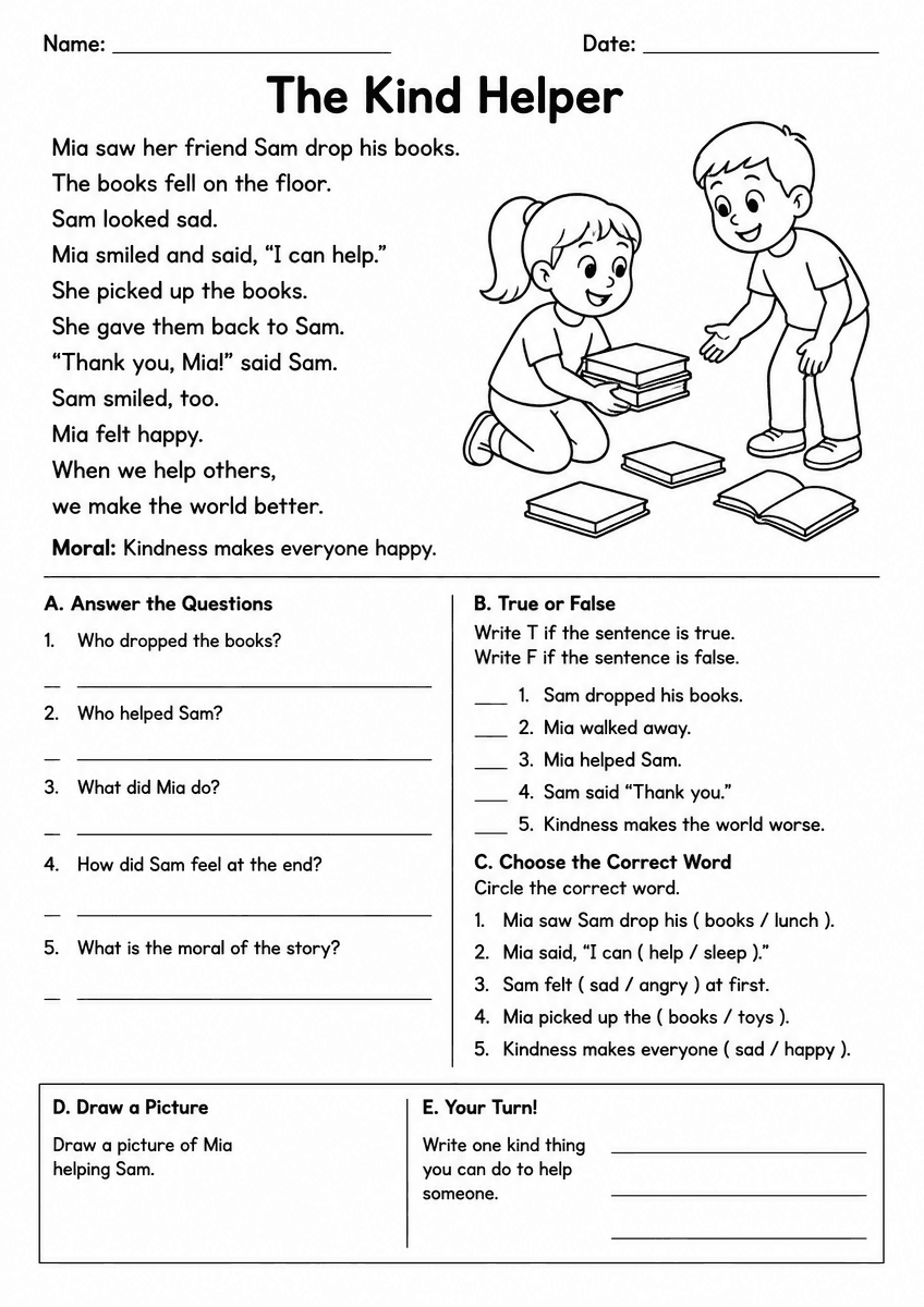 Grade 2 ELA worksheet with moral short stories and comprehension questions