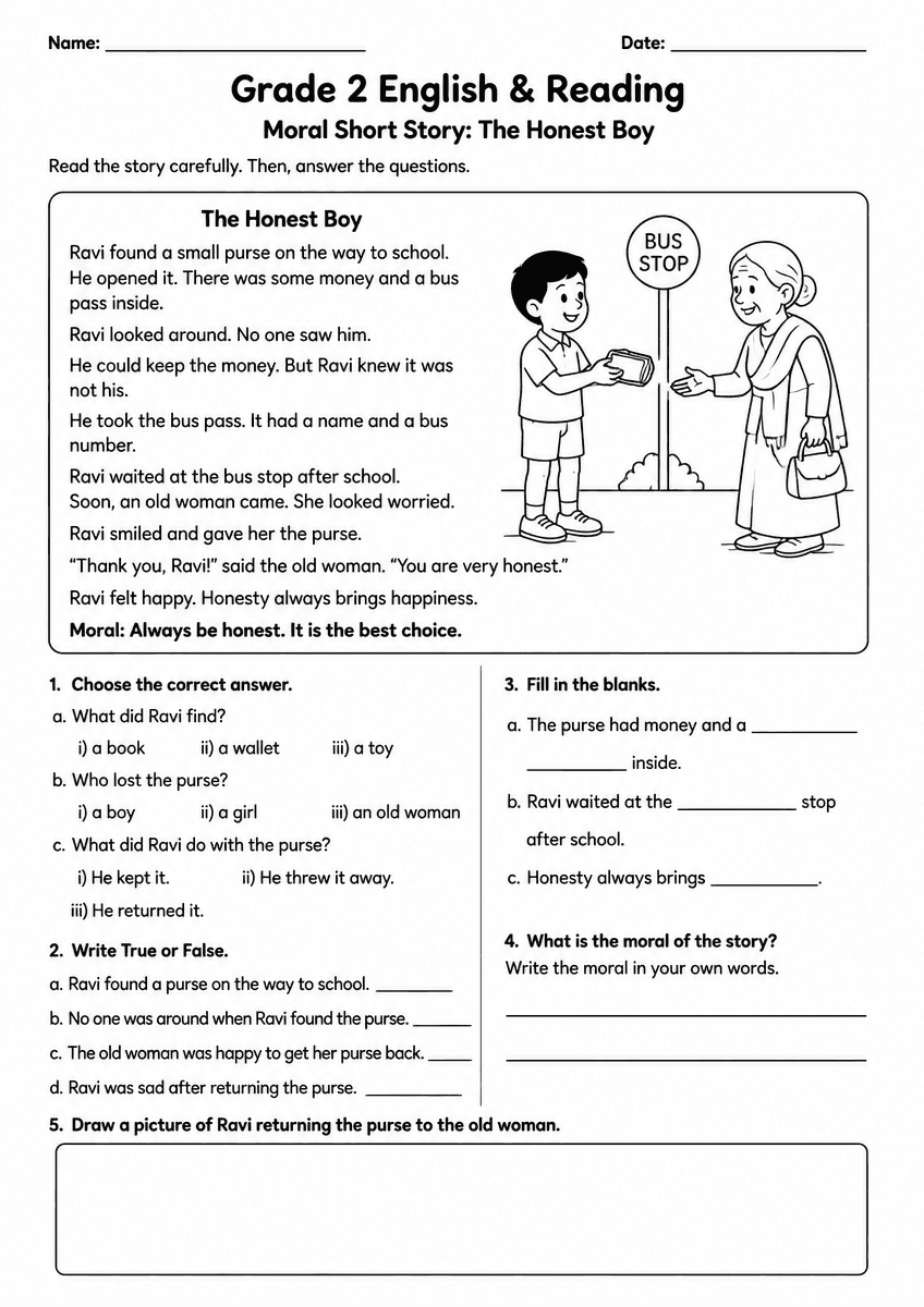 Grade 2 ELA worksheet with moral short stories and reading questions