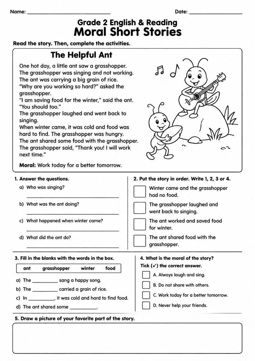 Grade 2 ELA moral short stories reading worksheet preview