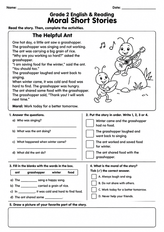 Free Printable Grade 2 ELA Moral Short Stories Reading Worksheet