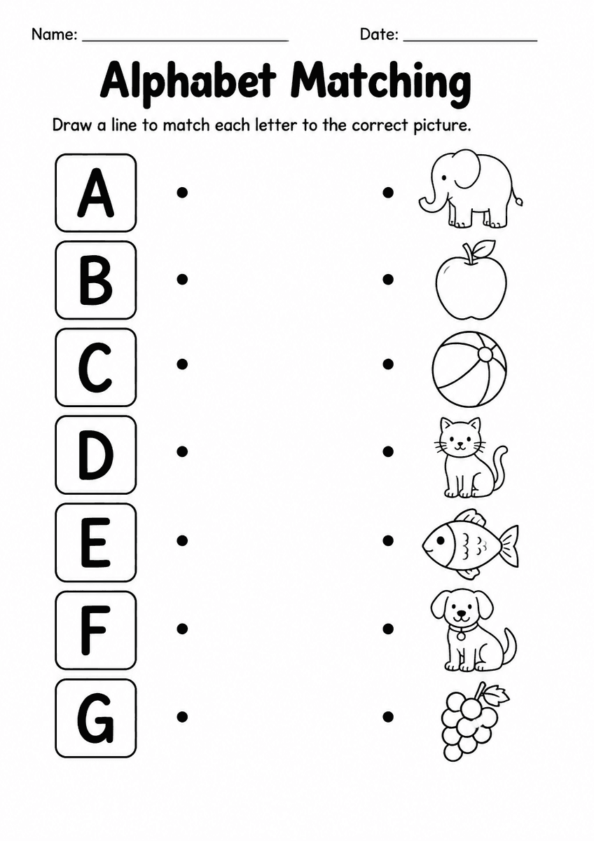 Preschool ELA worksheet matching alphabet letters with beginning sound picture clues