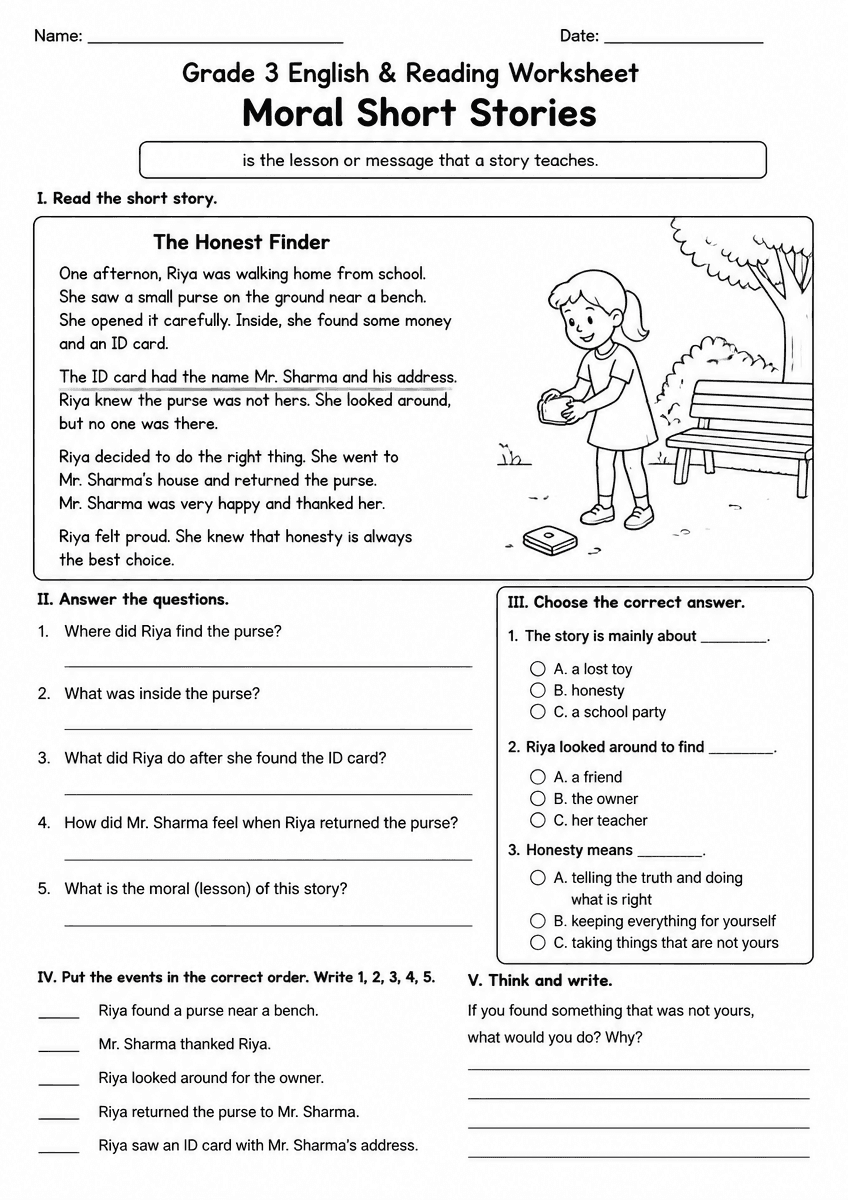 Grade 3 ELA moral short stories reading worksheet with comprehension questions